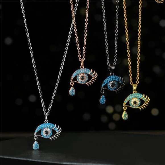Evil Eye Silver Blue Pave Cubic Zirconia Dainty Necklace - Picture 4 of 4